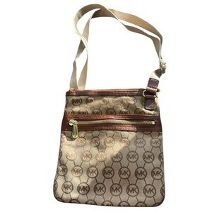 Michael Kors Beige and Brown Logo Crossbody Bag 8 X 10”